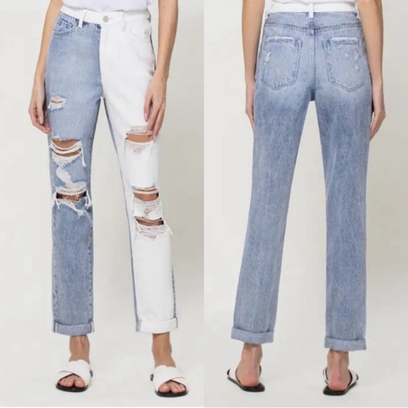 NWT VERVET DISTRESSED MOM JEANS-EMMA SPLIT TWO TONE DENIM / 29 - Picture 1 of 6